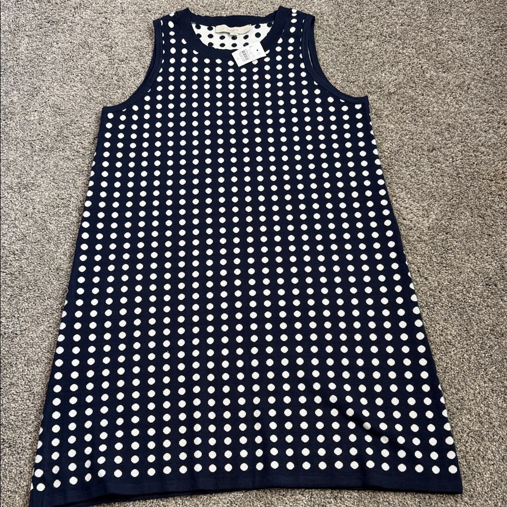 LOFT NWT Navy and white Polka-dotted sleeveless sweater dress, Med.